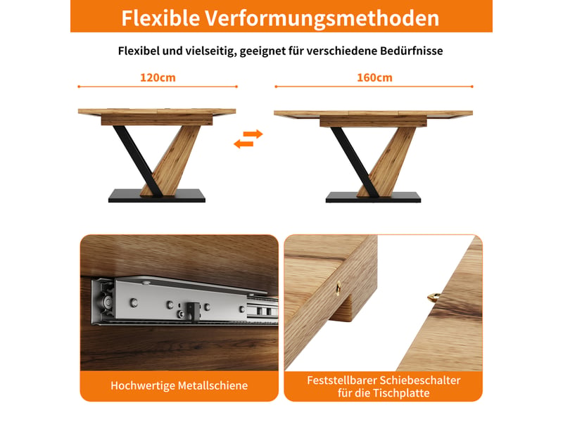 Table à manger extensible 120-160x75 cm pour 4 à 6 personnes, plateau mdf effet bois, rails métalliques verrouillables, pieds renforcés réglables - Conforama E