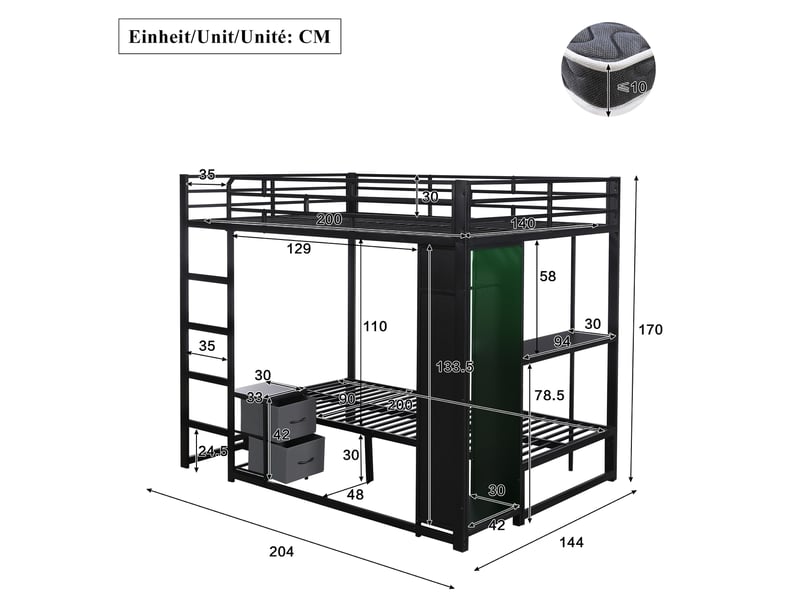  Lit superposé 140 x 200 et 90 x 200 cm avec chevet mobile, penderie, led, étagère, échelle et garde-corps, métal et bois - noir OMNIGLINT TRADING LTD - Conforama D