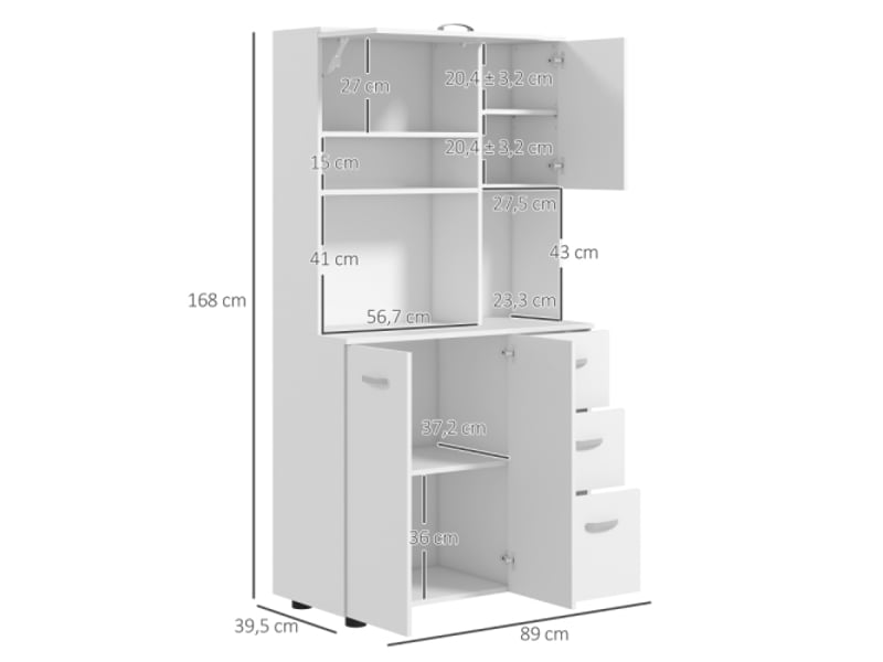 Buffet cuisine blanc, 3 tiroirs et 3 étagères, rangement spacieux, 89x39,5x168 cm, moderne - Conforama C