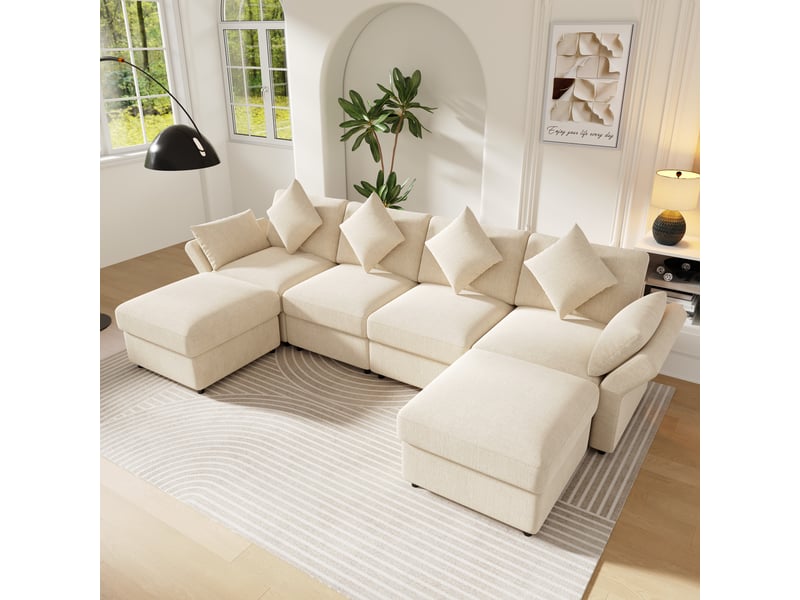 Canapé d'angle modulable ul 4-6 places 284x156,5x86 cm, style nuage, 2 poufs, accoudoirs réglables, 6 coussins, chenille beige - Conforama D