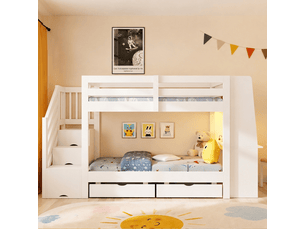 Lit superposé enfant 90x200 cm blanc avec bureau, escalier de rangement et éclairage led