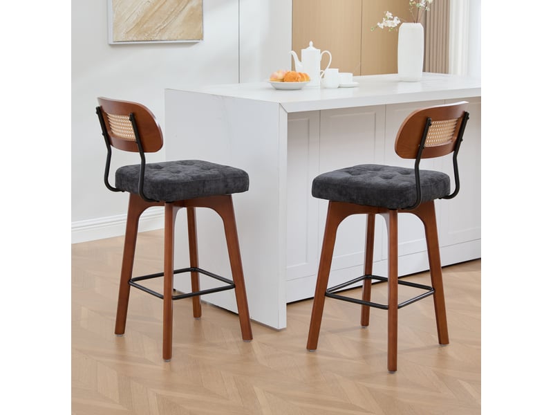  Tabouret de bar lot de 2 pivotant à 360° avec dossier en rotin, assise rembourrée et repose-pieds en chenille noir  - Conforama D