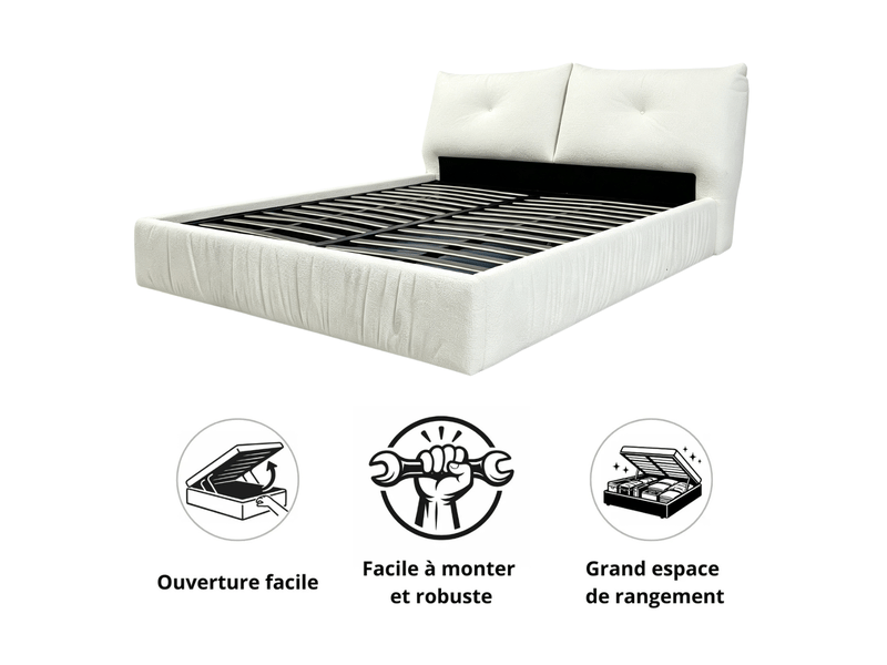  Lit coffre atlas 160x200 cm - tissu chenille beige - tête de lit et grand espace de stocakge PREMIUM - Conforama E
