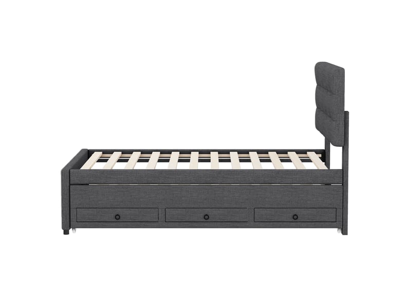  Lit gigogne gris 90x20090x190 cm avec 3 tiroirs et tête de lit réglable  - Conforama E