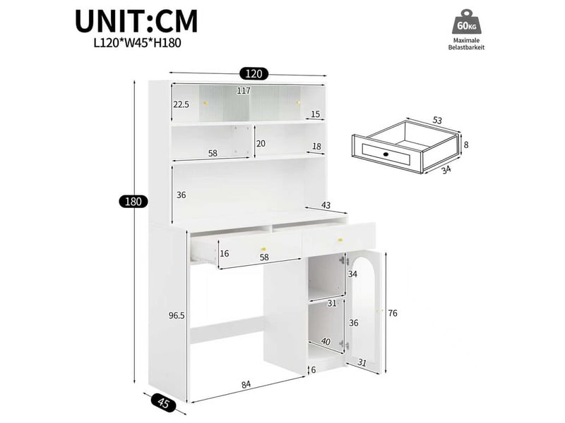 Meuble cuisine 120x45x180 cm avec plan de travail, rangement haut, 2 tiroirs et étagères, armoire de cuisine avec porte verre - blanc - Conforama E