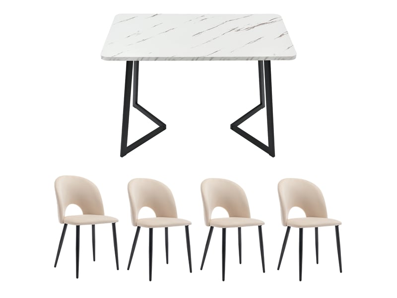  Ensemble table à manger avec 4 chaises en velours beige, table rectangulaire 117 x 68 cm, plateau mdf et pieds noirs  - Conforama E