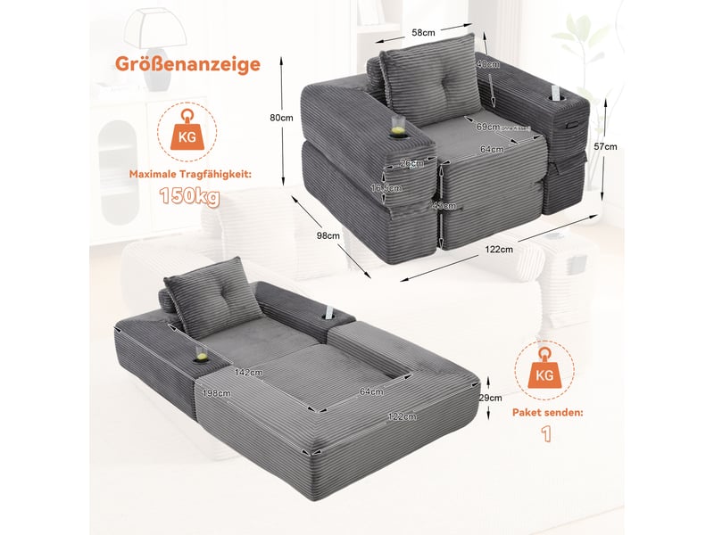  Canapé convertible 2 places en velours côtelé gris foncé avec porte-gobelet et poches latérales  - Conforama C
