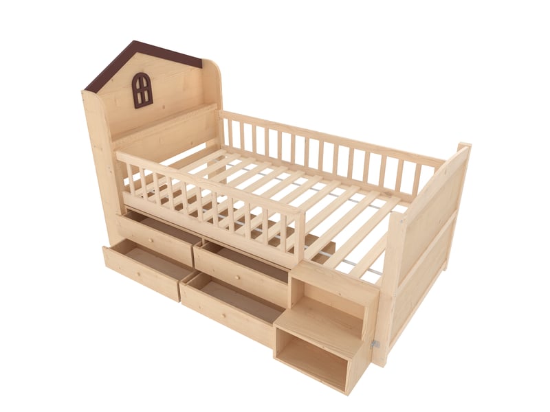 Lit mi-hauteur enfant 90x200 en forme de maison avec fenêtre, 4 tiroirs, led intégrée, échelle de rangement, bois naturel, sans matelas - Conforama A