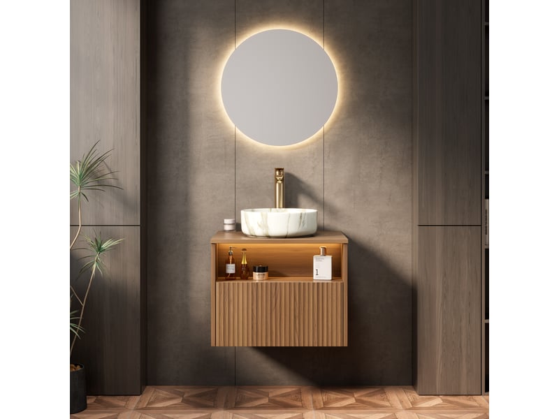  Meuble sous vasque suspendu avec 1 tiroir, 1 niche, led à détection, salle de bain en contreplaqué, 60×46×58,8 cm  - Conforama C