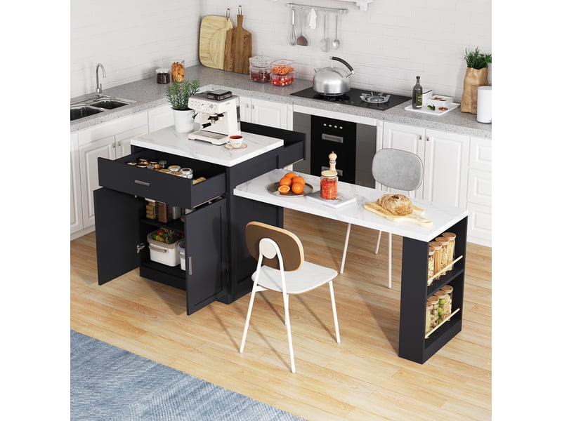  Desserte îlot de cuisine avec table extensible,2 portes,2 tiroirs,2 niches,2 étagères latérales et prise de courant,noir îlot de cuisine noir - Conforama B