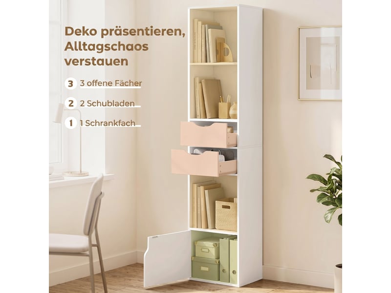  Bibliothèque étroite 2 tiroirs avec étagères et placard blanc 30 x 24 x 158 cm  - Conforama E