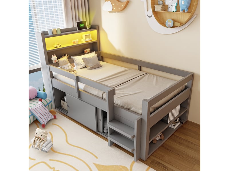 Lit simple enfant 90x200 cm avec surfaces de rangement, niches, armoires coulissantes, éclairage led et charge usb, lit multifonction, bois, gris OMNIGLINT TRADING LTD - Conforama B