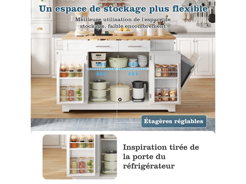  Îlot de cuisine armoire buffet chariot coulissant roulettes deux côtés étagère épices deux portes deux tiroirs blanc et bois  - Conforama E