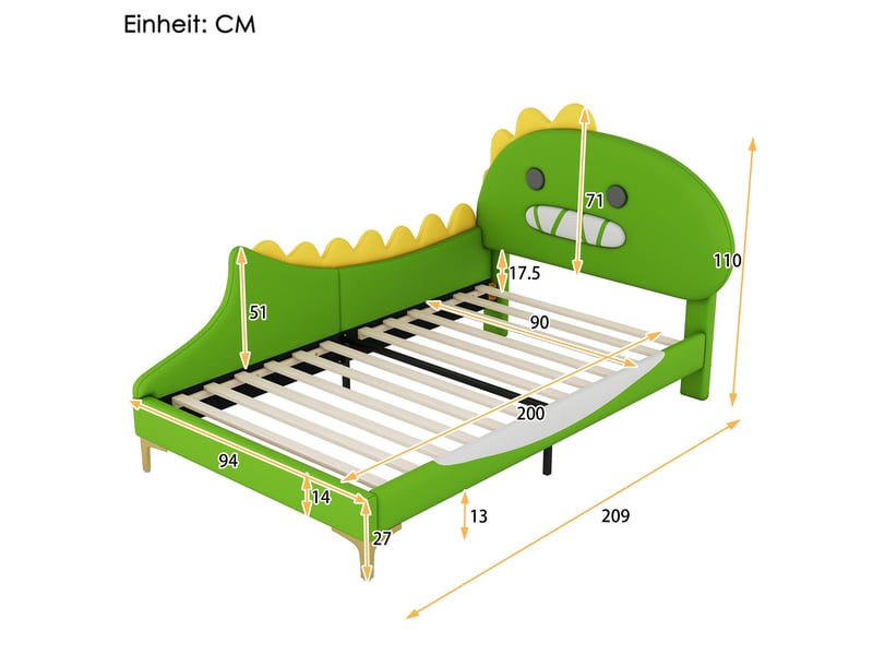  Lit enfant 90x200 cm dinosaure cartoon en pu et panneau mdf vert  - Conforama C