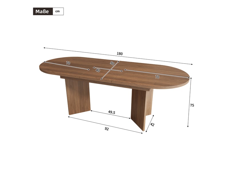  Table de salle à manger extensible 140-180x90x75 cm, 6 à 8 personnes, plateau épais et angles arrondis, design simple, mdf, effet noyer Sol Morn - Conforama C