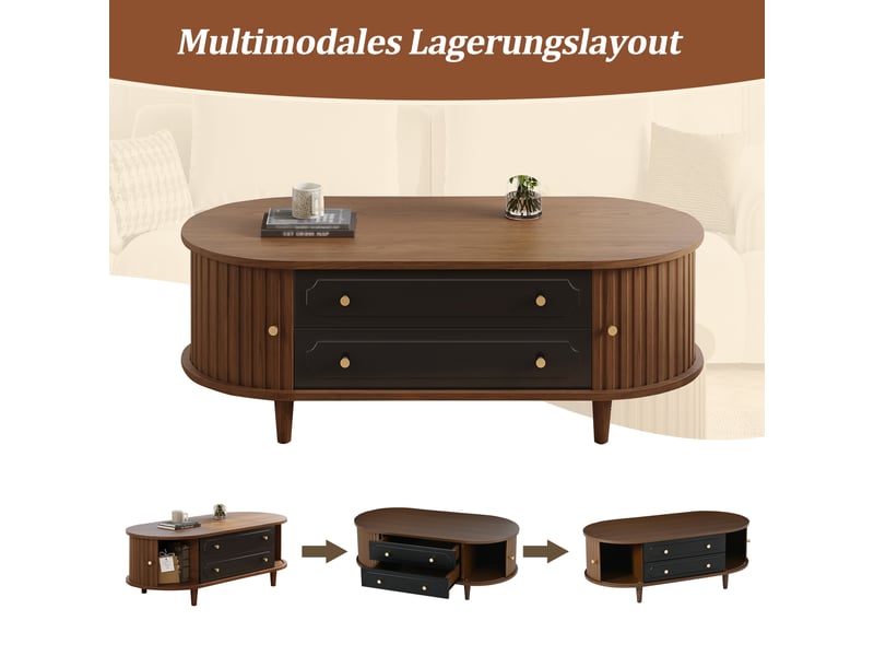  Table basse de salon 100 x 50 x 36 cm, finition noyer. Table basse avec deux tiroirs, console avec porte enroulable, table d'appoint, table de salon à 4 pieds, finition noyer et noir.  - Conforama D
