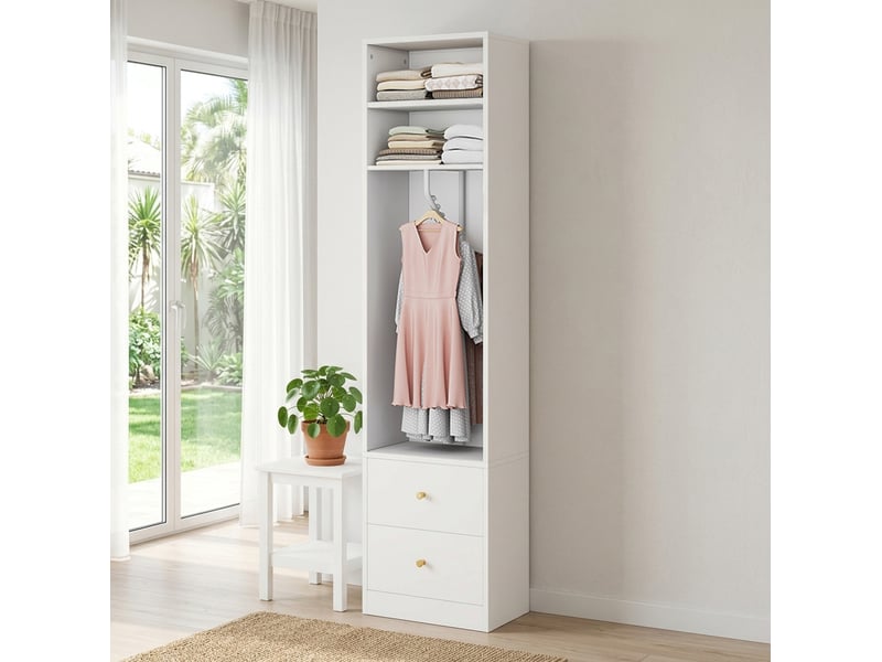 Armoire ouverte avec 2 tiroirs, 2 niches et tringle à vêtements, en mdf et acier, blanc, pour chambre, 50 × 30 × 200 cm - Conforama B