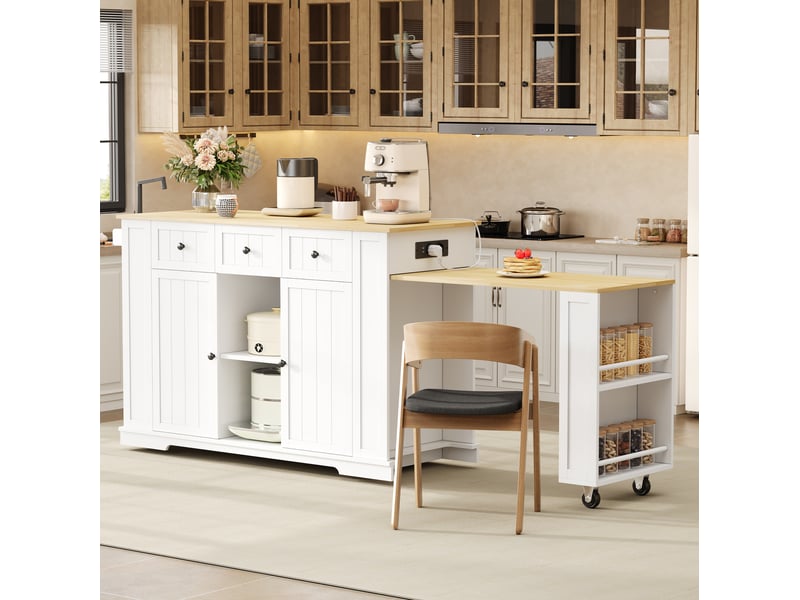  Desserte de cuisine avec 2 portes, 2 tiroirs et étagères réglable, table extensible et prises usb en mdf blanc naturel  - Conforama E