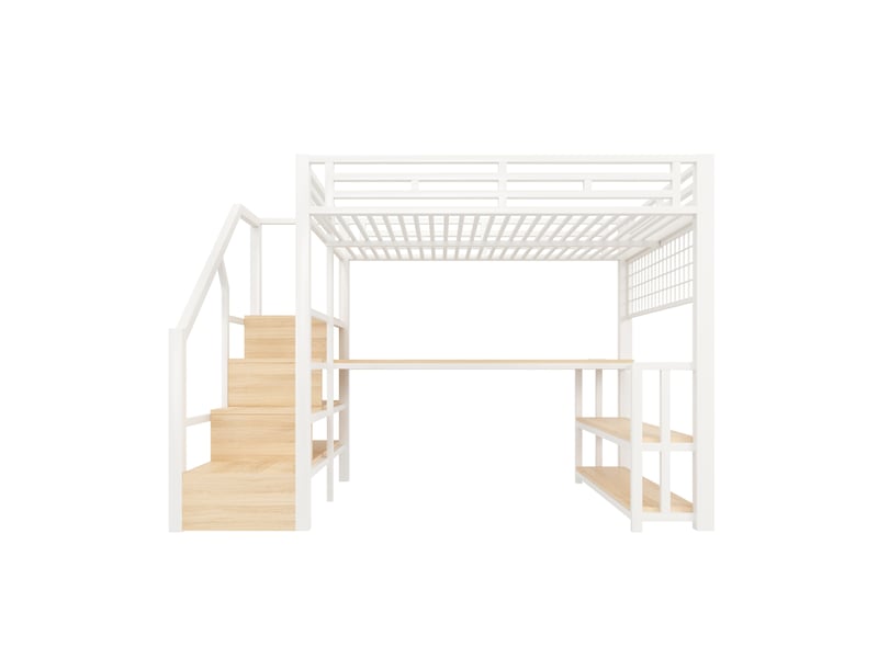  Lit mezzanine blanc 140 × 200 cm, bureau, led, rangements, 2 usb, type-c et grille suspendue  - Conforama A