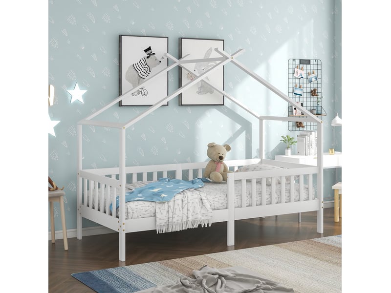  Modenvie lit cabane enfant 90x200 cm - avec barrières de sécurité et rangement, sommier inclus - blanc  - Conforama E