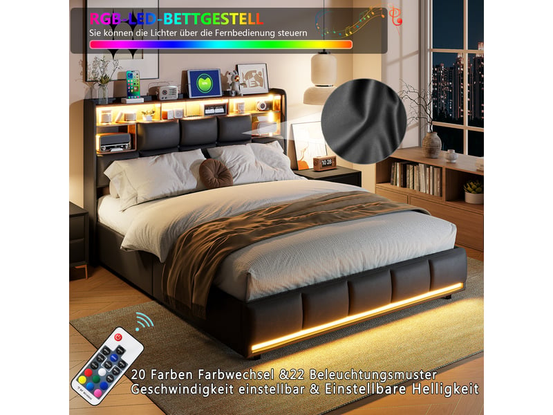  Lit double coffre 160x200, rangement tête de lit et hydraulique, led tête et pied de lit, ports usb et type-c, revêtement pu noir  - Conforama E