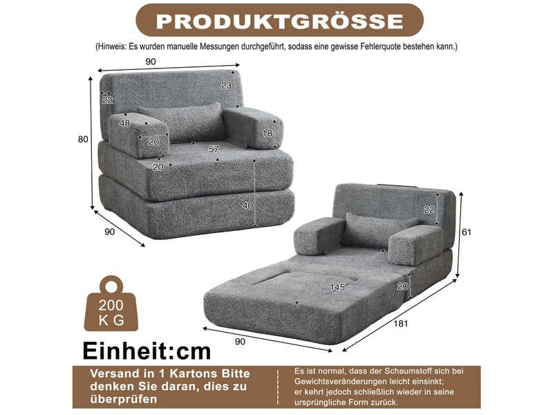 Fauteuil convertible 2-en-1 1 place en tissu chenille gris - Conforama C