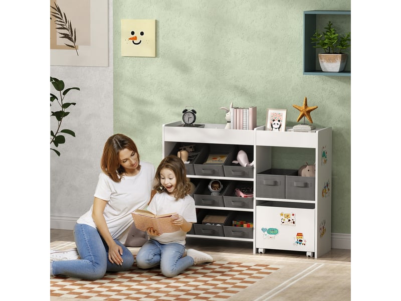 Organiseur pour enfants avec 11 paniers amovibles, compartiments et planches d'autocollants, 105 x 30 x 80 cm, blanc - Conforama B
