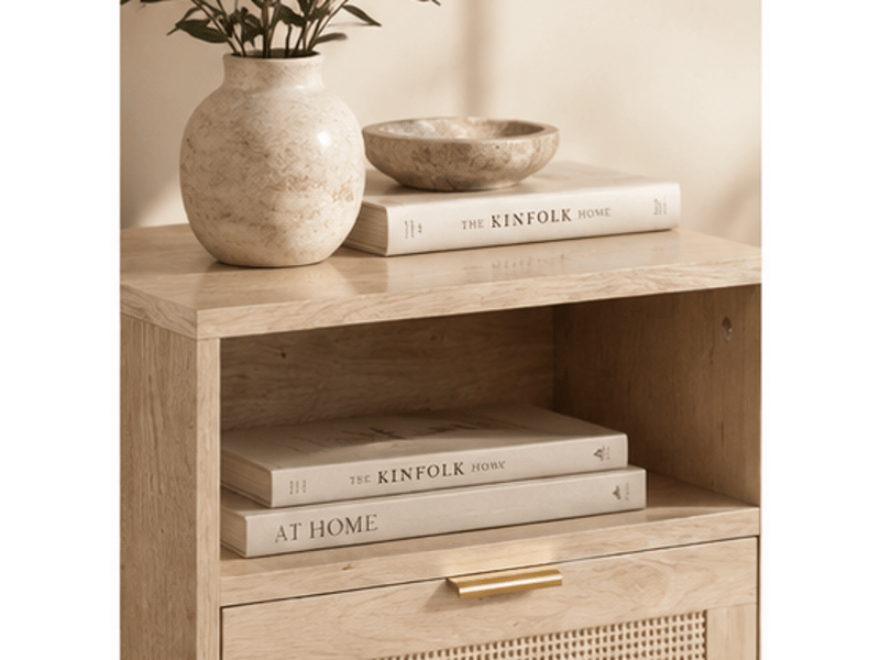  Table de chevet 1 tiroir et niche ouverte pour chambre en mdf et rotin 45×40×55 cm chêne  - Conforama D