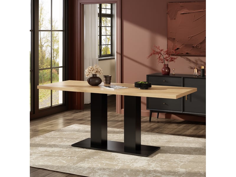 Table de salle à manger extensible 4 à 8 personnes, plateau épais, double piètement, mdf naturel, 140-180 × 70 × 75 cm - Conforama D