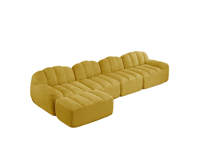 Canapé modulable 4 places jaune en tissu bouclette avec pouf, confort mousse 32d pour le salon familial - Conforama A