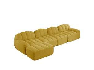 Canapé modulable 4 places jaune en tissu bouclette avec pouf, confort mousse 32d pour le salon familial