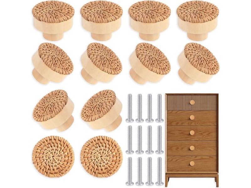  Jeu de 12 poignées en rotin et bois, poignées décoratives de style bohème pour commodes, cuisine et tiroirs  - Conforama B