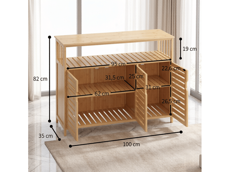  Buffet en bambou naturel 100x35x82 cm avec 3 portes à lamelles  - Conforama E