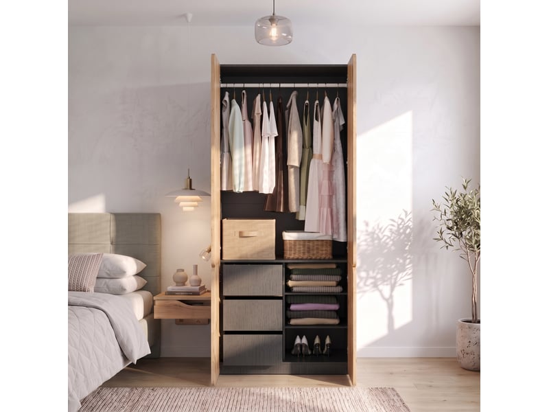  Armoire tcqpz 4 portes 90 x 50 x 200 cm avec penderie et 3 tiroirs aspect chêne  - Conforama E