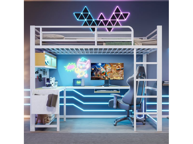  Lit mezzanine 140 x 200 cm avec bureau, led 7 couleurs, prises et usb, blanc  - Conforama D