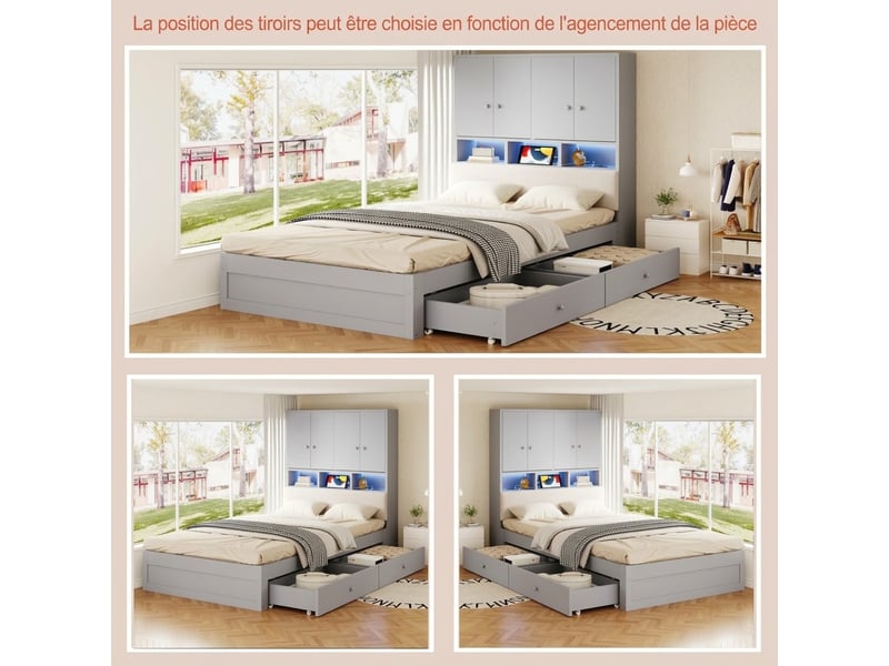  Lit multifonctionnel en bois 90 × 200 cm avec tête de lit rembourrée, rangements intégrés, étagères, éclairage led, prise électrique, tiroirs et sommier à lattes, gris  - Conforama C