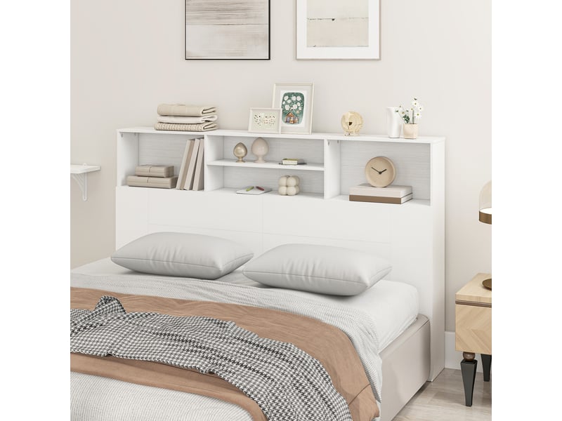  Tête de lit sur pied avec rangements, accessoire de lit 4 compartiments ouverts, 160 x 20,2 x 108,2 cm, blanc  - Conforama A