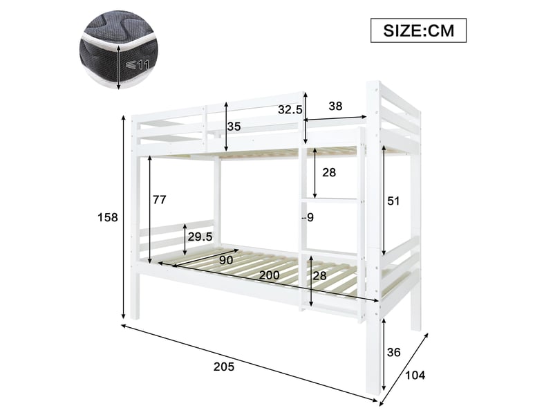  Lit superposé enfant blanc en bois de pin 90 x 200 cm séparable en 2 lits simples  - Conforama E