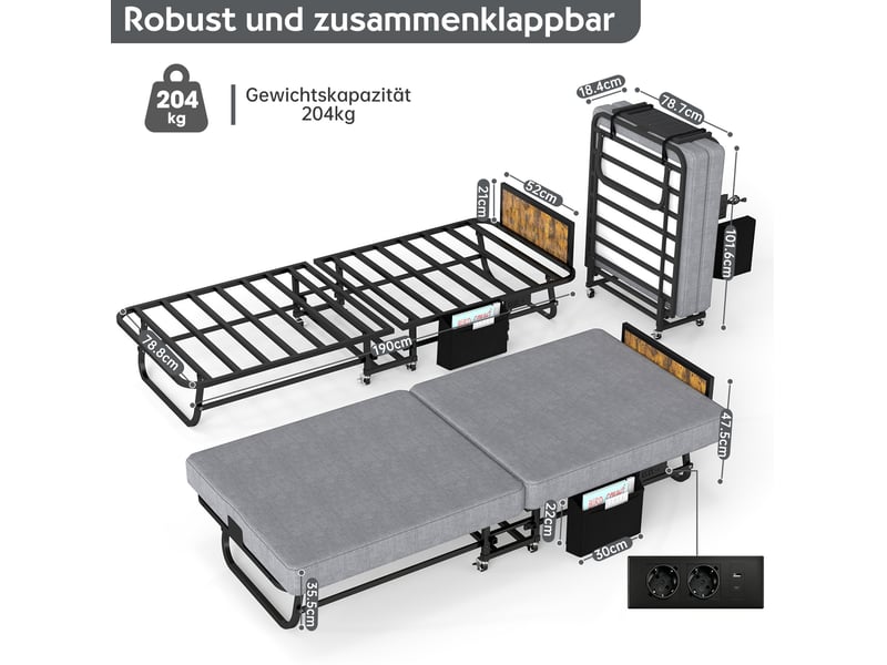  Lit pliant une personne 80 x 190 cm gris métal et bois, matelas en mousse à mémoire de forme avec usb  - Conforama C