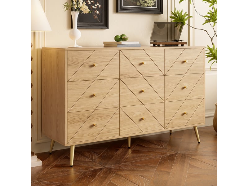  Commode 9 tiroirs avec pieds en métal et motifs géométriques pour chambre, salon ou entrée, 120×39×80 cm, naturelle  - Conforama C