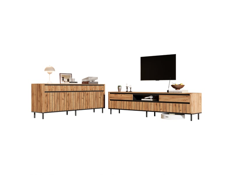  Ensemble meuble tv et buffet de salon, finition bois naturel avec accents noirs, meuble tv 180 cm pour téléviseur 75 pouces  - Conforama A