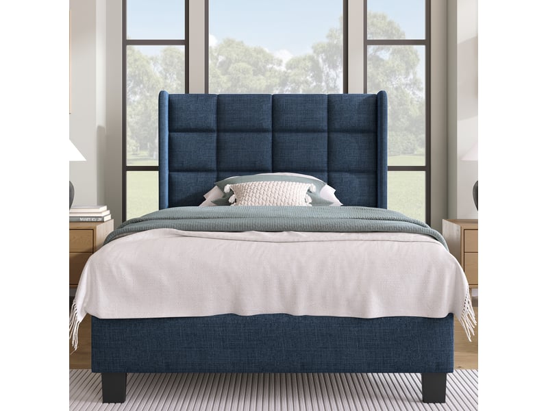  Modenvie lit 1 place 90x200 cm - tête de lit rembourrée en lin, sommier inclus - bleu  - Conforama D