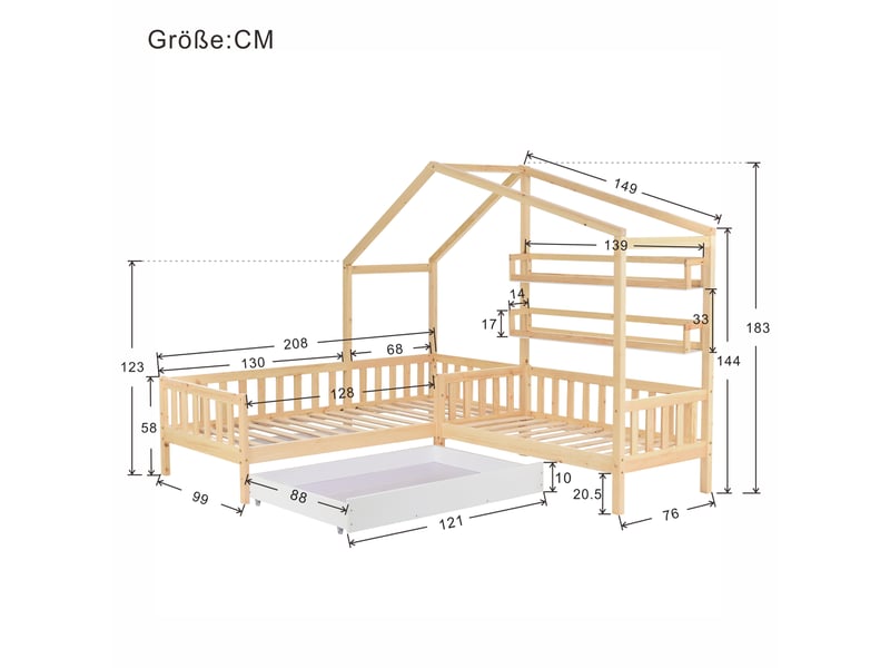 Lit cabane 2 couchages 90 × 200 cm et 140 × 70 cm avec tiroir, étagères et barrière, sans matelas, naturel - Conforama E