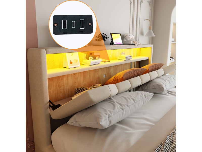  Lit coffre 140 × 200 cm 2 places avec led, usb, usb-c et rangement, sans matelas, en tissu beige  - Conforama E