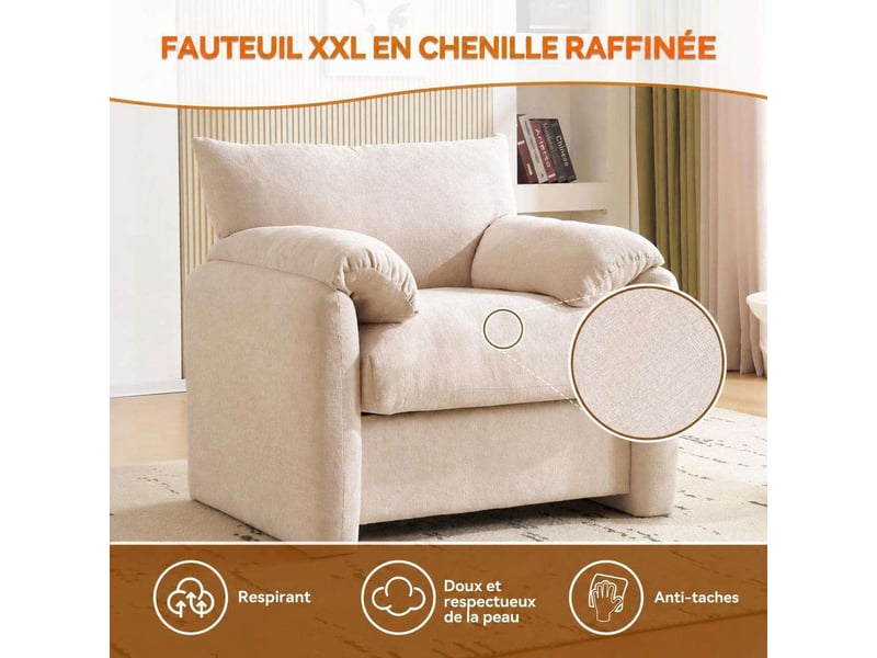 Fauteuil surdimensionné en tissu chenille avec coussin d'assise épais de 18 cm et accoudoirs moelleux, cadre bois et métal, 150 kg - Conforama B