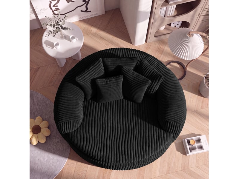  Fauteuil de détente modenvie enveloppant en velours côtelé noir, assise profonde, 5 coussins, 145 x 133 x 59 cm  - Conforama D