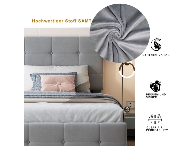  Lit coffre 180x200 cm en velours gris avec grand espace rangement - lit rembourré - sommier hydraulique robuste et moderne  - Conforama E