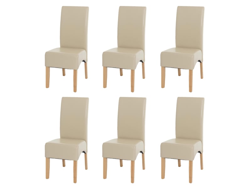  Lot de 6 chaises de salle à manger dossier haut assise rembourrée et protections de sol cuir refendu enduit similicuir crème et bois d’hévéa 04_0011508  - Conforama A