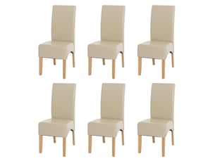 Lot de 6 chaises de salle à manger dossier haut assise rembourrée et protections de sol cuir refendu enduit similicuir crème et bois d’hévéa 04_0011508