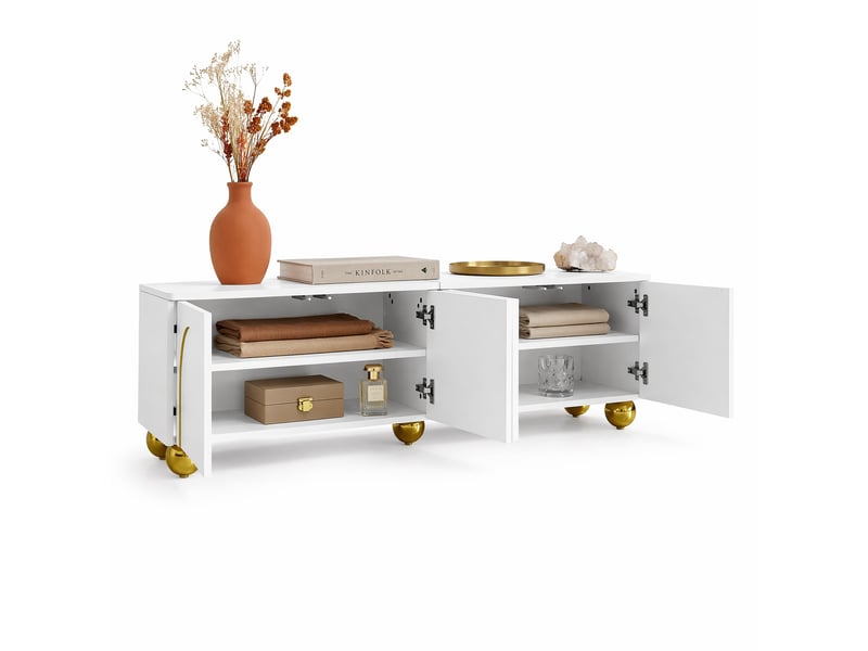  Meuble tv 4 portes avec étagères et ouverture push pour salon 170×38×44 cm en panneaux de particules blanc et or  - Conforama A